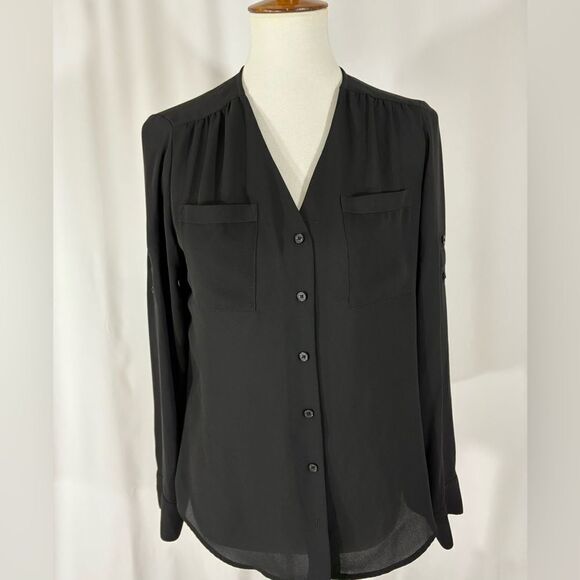 Express Basic Black Button Down Blouse - Picture 2 of 8